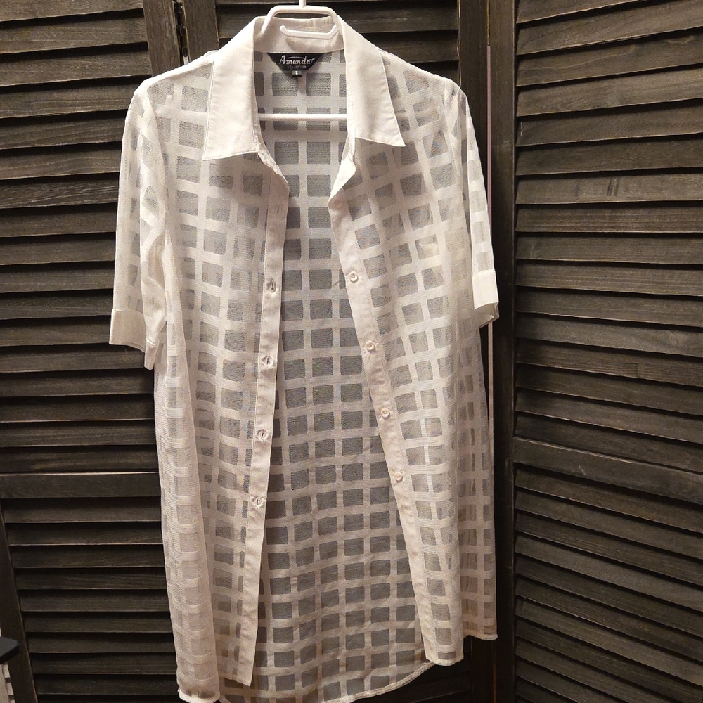 Women's Sheer White Checkered Button Down Shirt